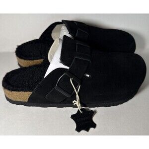 Cushionaire Hana-Fur Lined Suede Cork Clogs - Black - W6.5, Medium Width - NEW